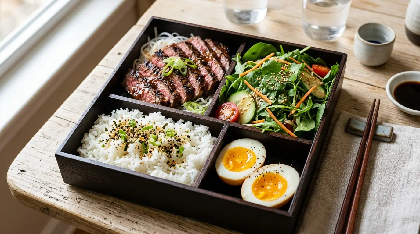 steak & greens bento box
